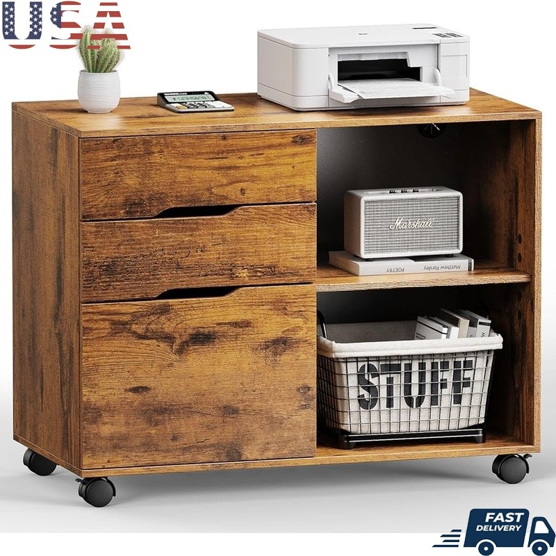 Versatile Office Cabinet W/ Open Shelves & 3 Drawers Rolling Storage Solution US