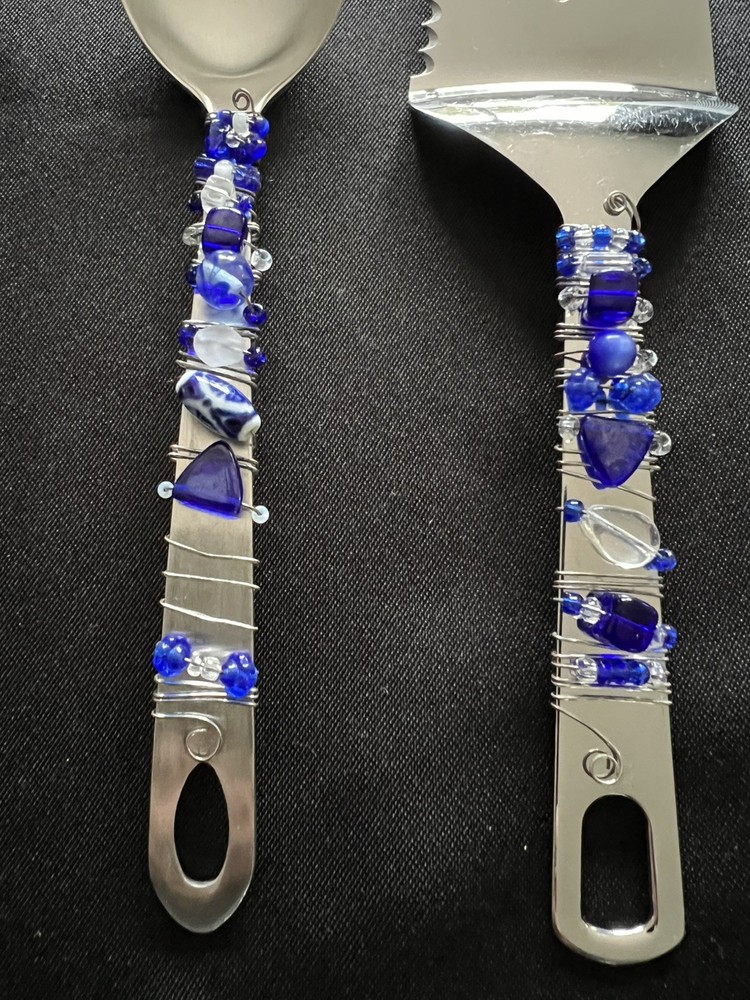 Fancy Serving Spoons (2) & Pie Slicer Utensils Bead Wire Wrapped