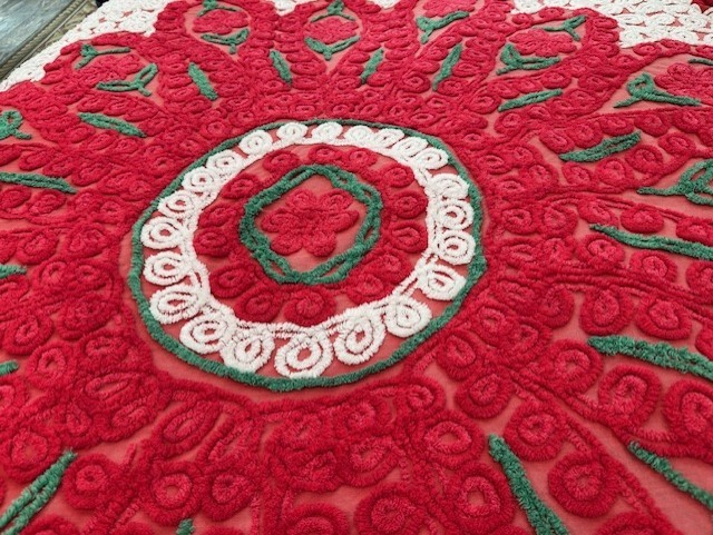 Vintage Chenille Bedspread Red Flower Pattern 100x98 King