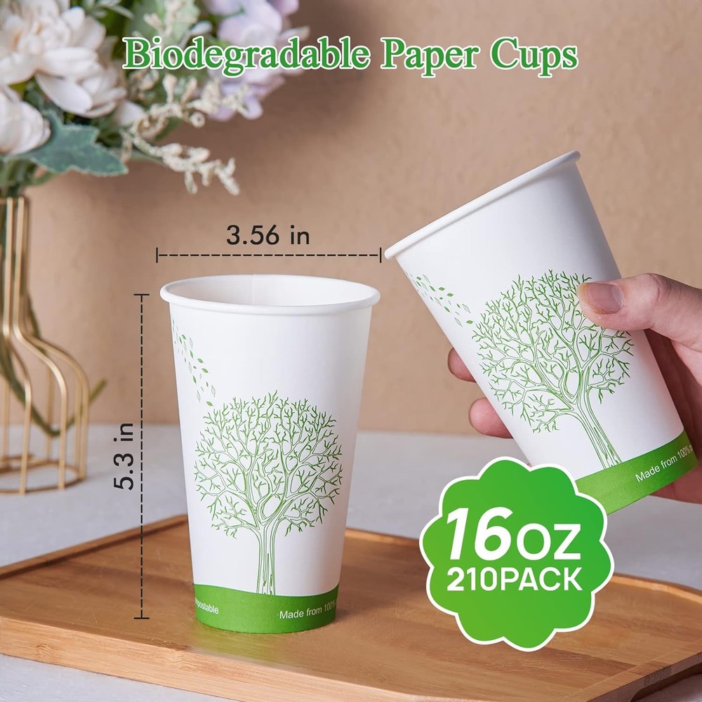210 Count 16 Oz Compostable Cups Biodegradable Disposable Paper Cups with PLA