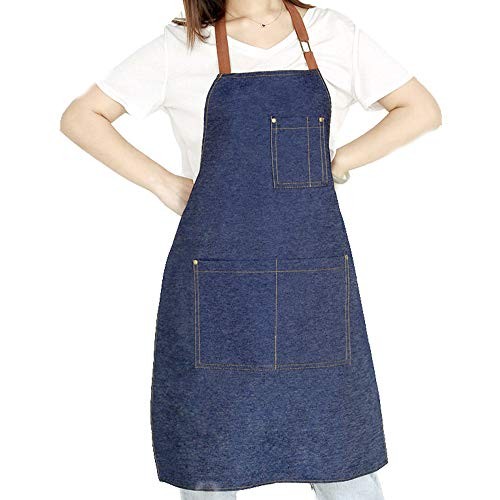 Denim Apron with Adjustable Unisex Multi-Pockets for Kitchen Crafting Dark Blue