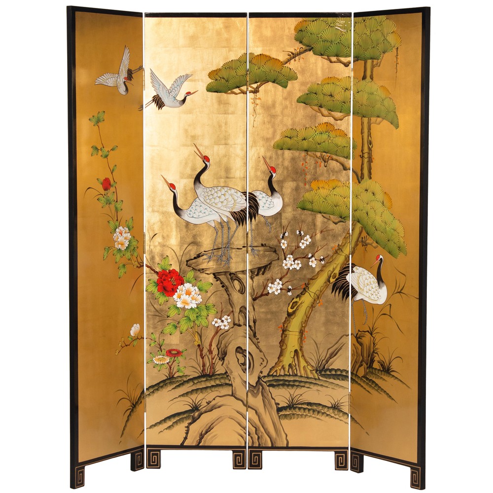 6 ft. Tall Gold Lacquer Room Divider - Cranes