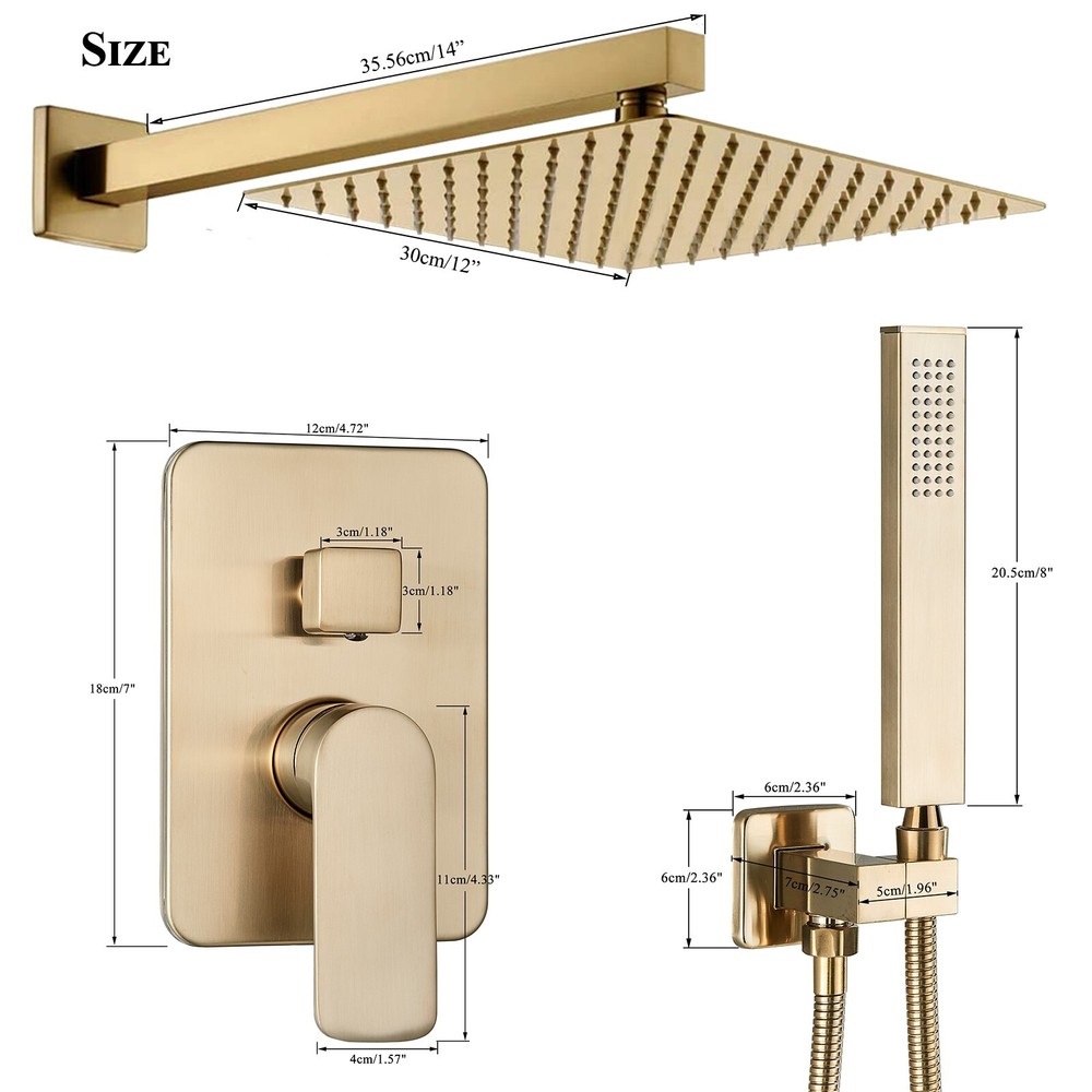 Brushed Gold Shower Faucet Set 12"Rainfall Head System With Valve kit Wall Mount