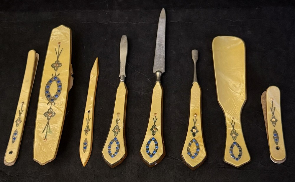 Antique Celluloid Bakelite Manicure Set Art Deco Design Tiny Rhinestones