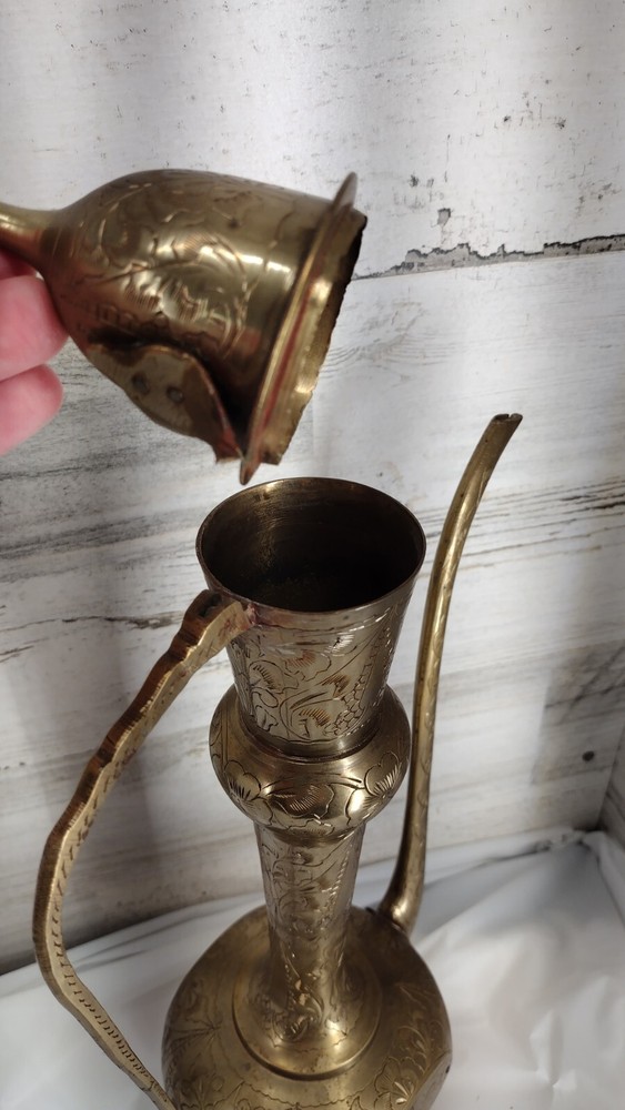 Large Etched Antique Middle Eastern Solid Brass Tea Coffee Pot Pitcher Vase 18IN