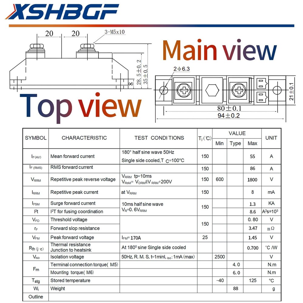 MD55A1600V Anti-Reverse Diode Module for Solar Power Systems 1600V Peak Volta...