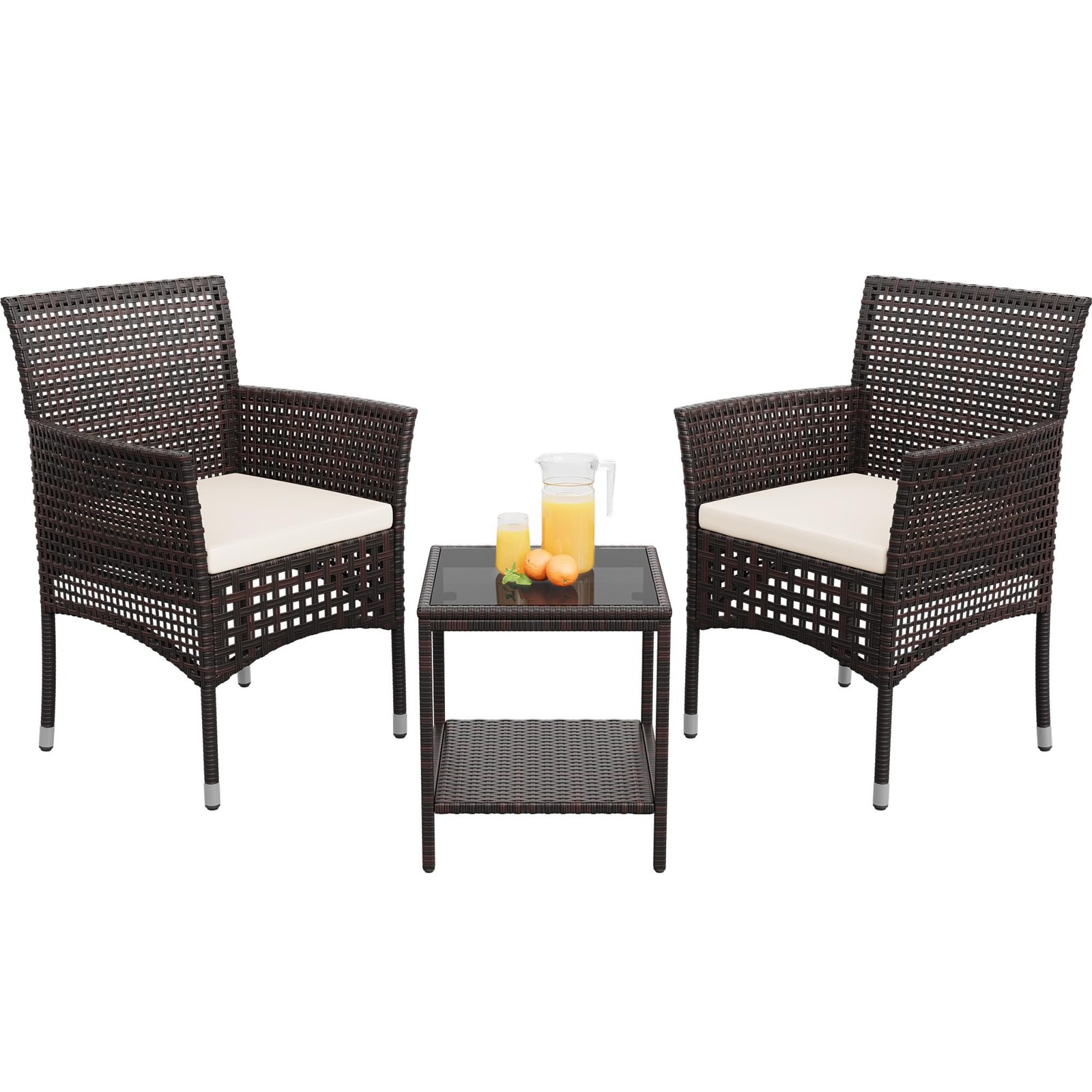 3-Piece Patio Conversation Set Wicker Rattan with Coffee Table Dark Brown Beige
