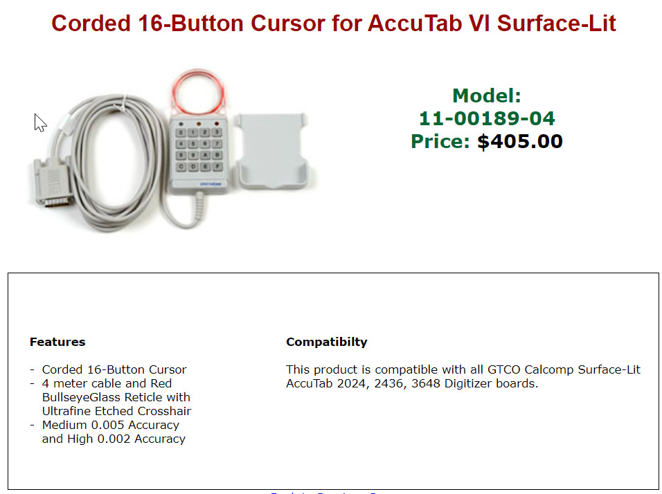 GTCO CALCOMP Corded 16-Button Cursor for AccuTab VI Surface-Lit