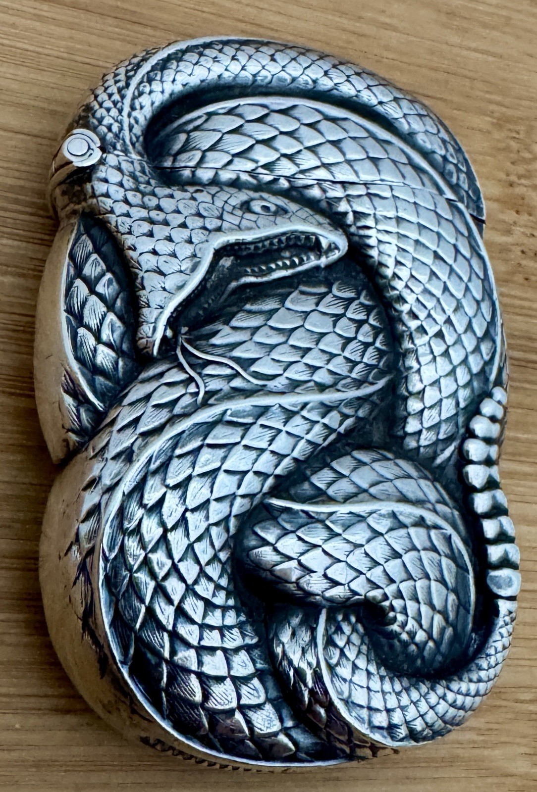 VERY RARE WILLIAM KERR STERLING FIGURAL RATTLESNAKE MATCH SAFE VESTA CASE C 1905