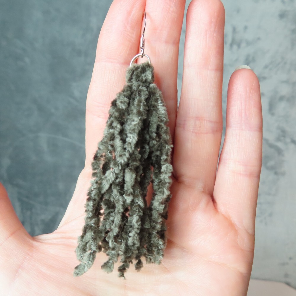 Pemby Studio Gray Chenille Tassel Dangle Earrings Silver Tone Statement Artisan