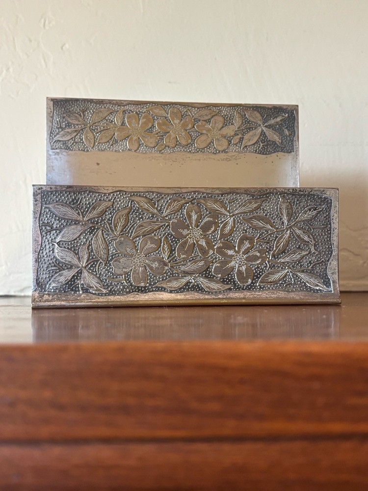 Vintage  Silver Plate Repousse Letter/Napkin Holder With Floral Design