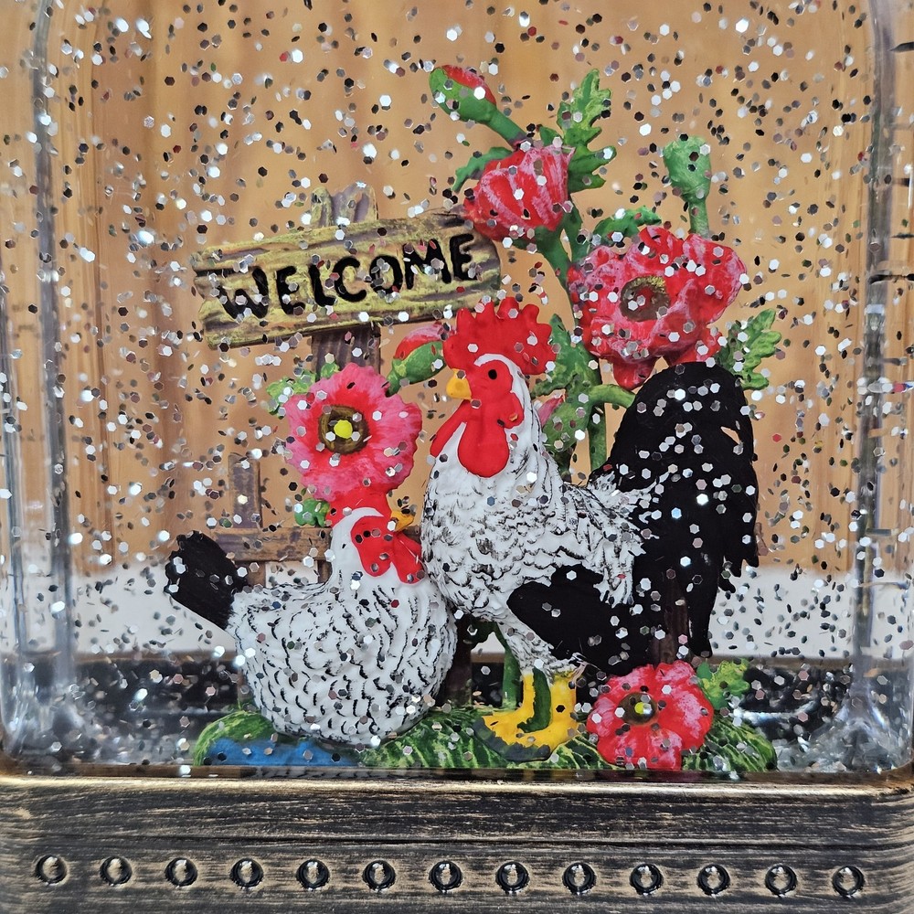 Cracker Barrel Rooster Welcome Lantern Glitter Globe Illuminated Bronze