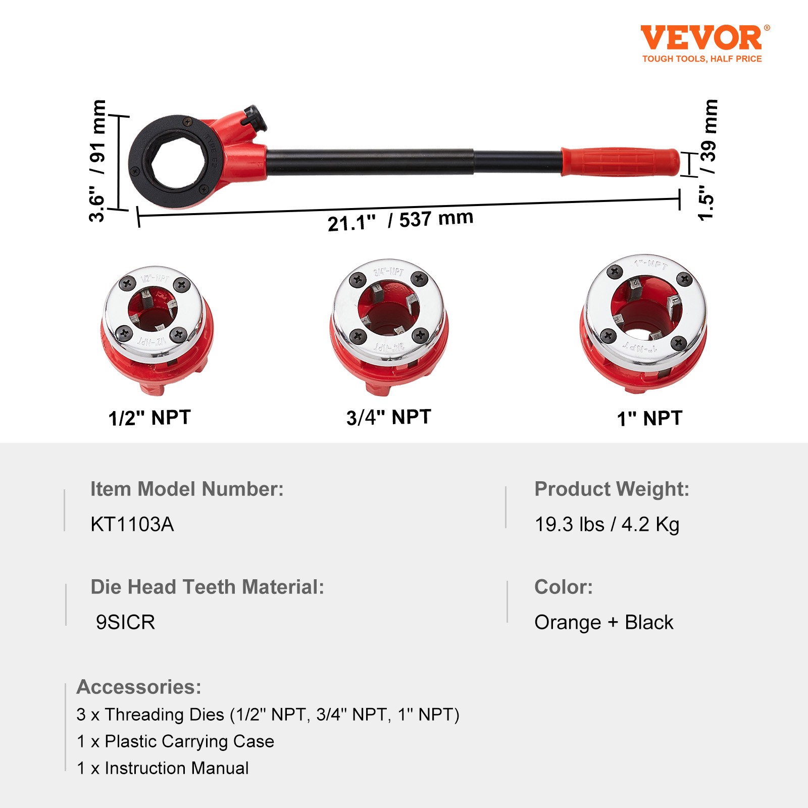 VEVOR Ratchet Pipe Threader Kit Pipe Threading Tool 1/2" NPT, 3/4" NPT, 1" NPT