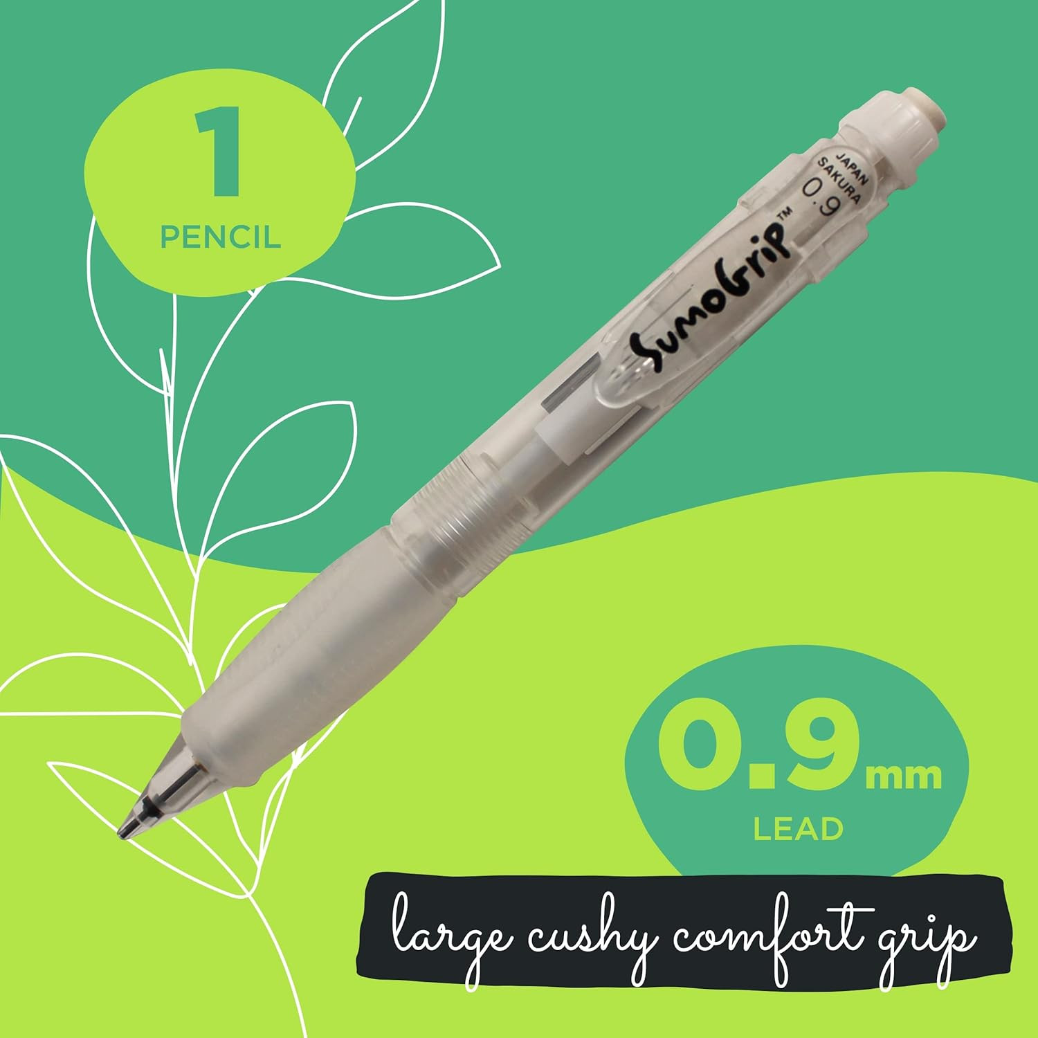 Sumogrip Pencil with Comfort Grip - 0.9 Mm Ergonomic Mechanical Pencil - Clear