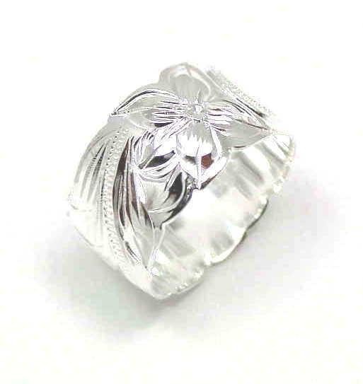 12MM SILVER 925 HAWAIIAN BAND RING PLUMERIA FLOWER SCROLL SCALLOP CUT OUT EDGE