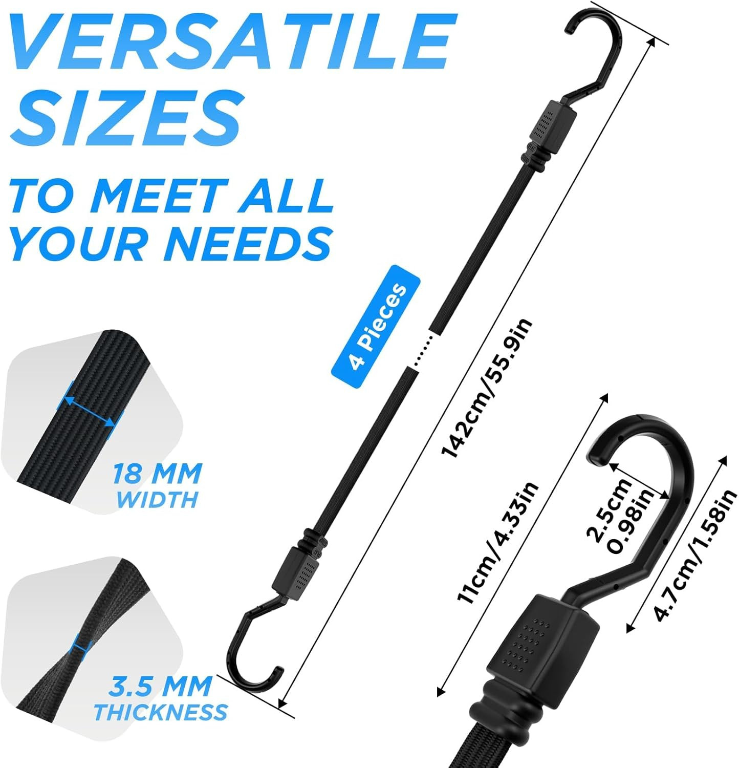 4-Pack 48 Inch Flat Bungee Cords with Hooks Premium Latex Bungie Straps Elastic