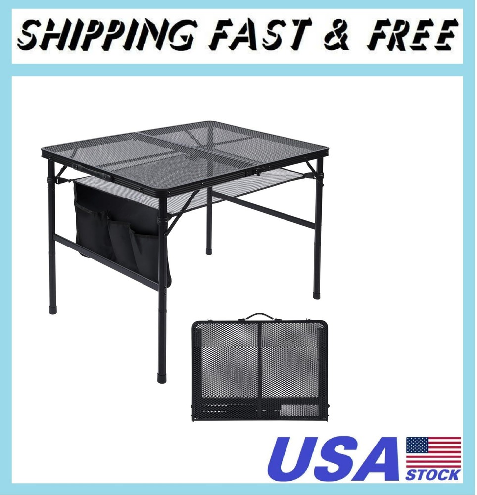 Folding Grill Table, 3x2 FT Portable Camping Table, Height Adjustable Metal