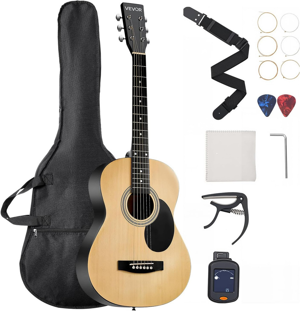 Dreadnought Acoustic Guitar, 36 In, 6-String Natural Solid Top Guitar, Portable