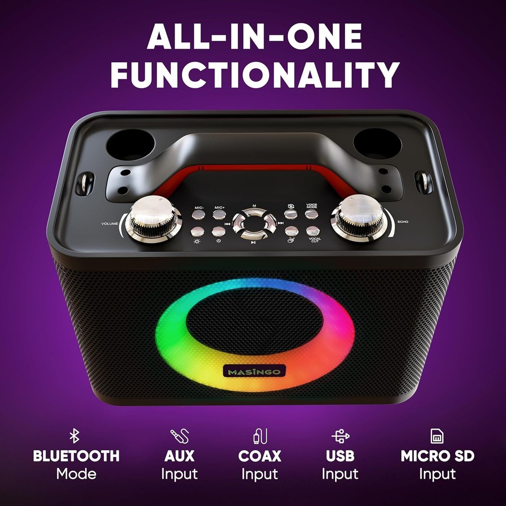 MASINGO Sonoro G5 Karaoke Machine – 2 Wireless Mics, LED Lights - Black