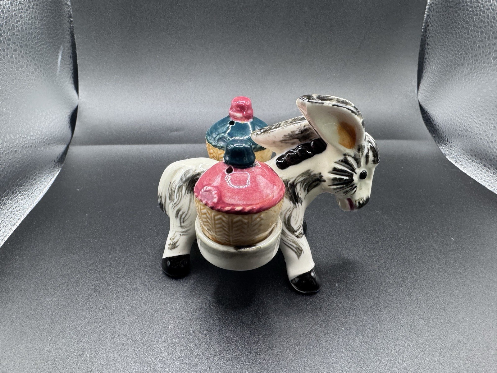 Vintage MCM 1960s Donkey Novelty Ceramic Kitschy Salt Pepper Shakers with Caddy