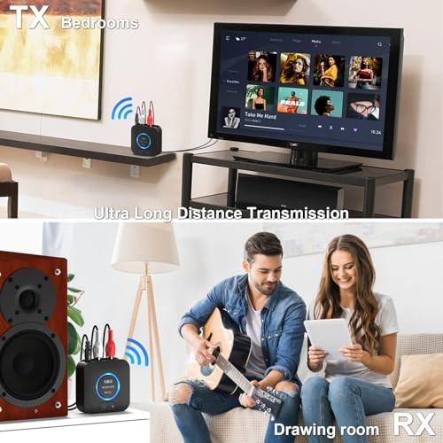 Wireless Audio Transmitter Receiver Set - 262Ft Long Range, Low Latency, AUX RCA