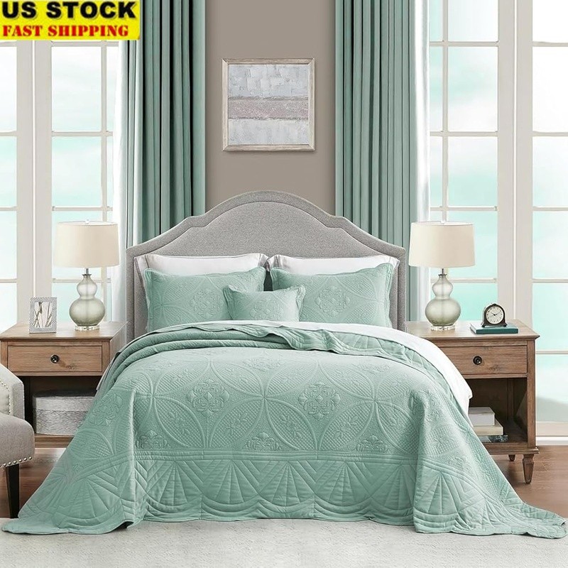 Oversized Lightweight Bedspread Set Scalloped Edge Soft Polyester Bedding New