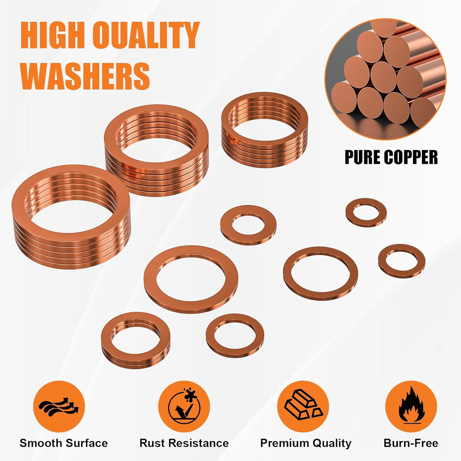 Oil Drain Plug Washer, 100 PCS Copper Crush Gasket Assortment Kit – 10 Different