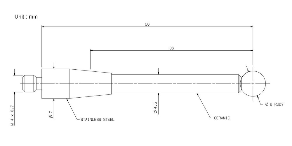 CMM Touch Probe Stylus 6mm Ruby Ball Tip M4 Thread Ceramic shaft 50mm Length