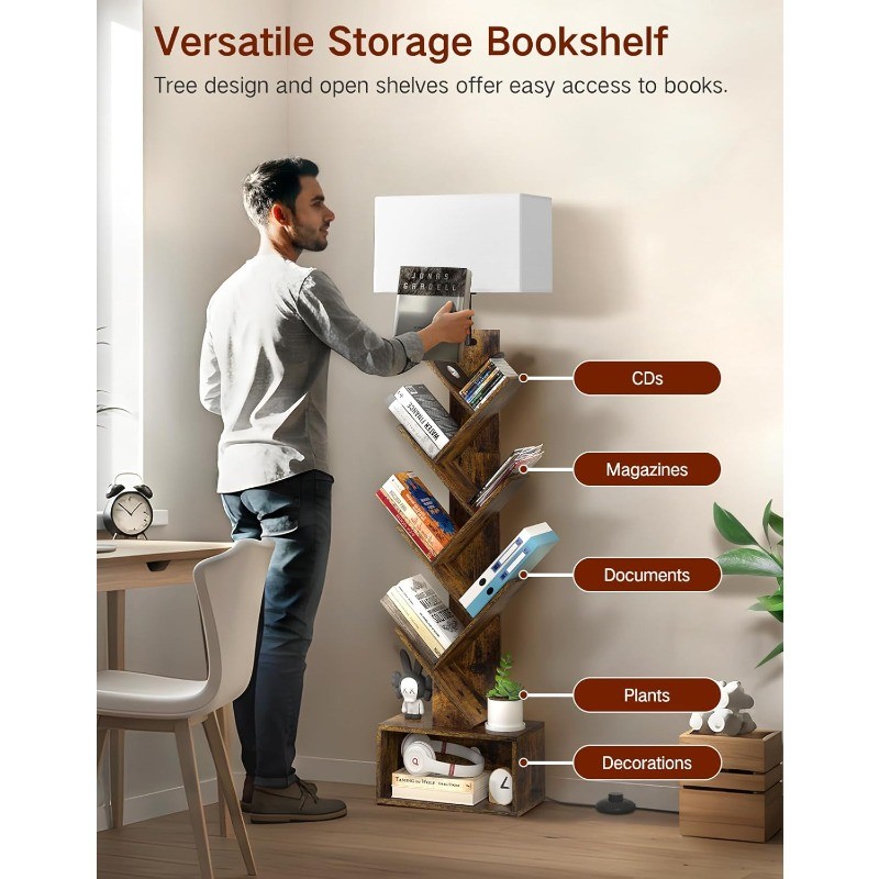 6 Tier Tree Bookshelf Light Remote Timer Modern Tall Floor Standing Book Shelf