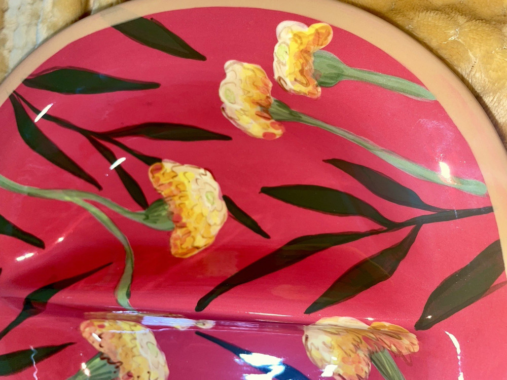 Droll Designs MARIGOLD Hand Painted Ceramic Glazed Split Divided 10.5” Bowl