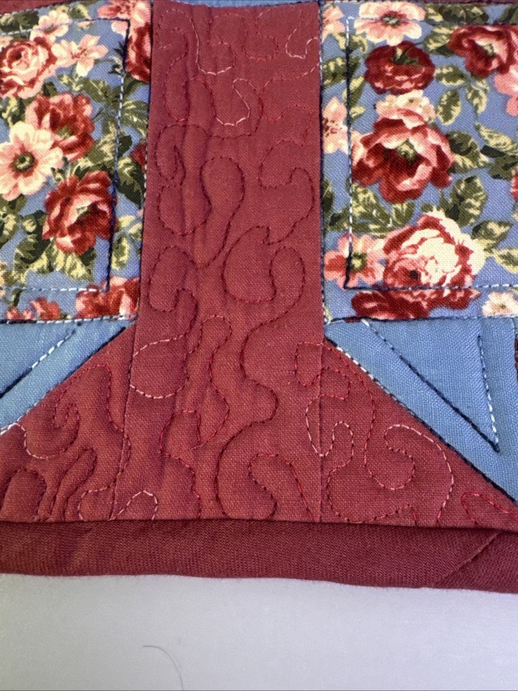 Quilt Wall Hanging Or Table Runner Patchwork Bear Claw Pink Blue