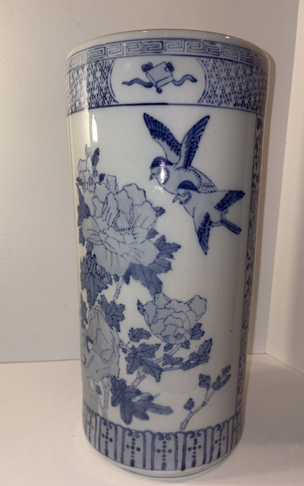 Vintage Umbrella Stand Blue and White Greek Key Chinoiserie Birds Chinese 18”