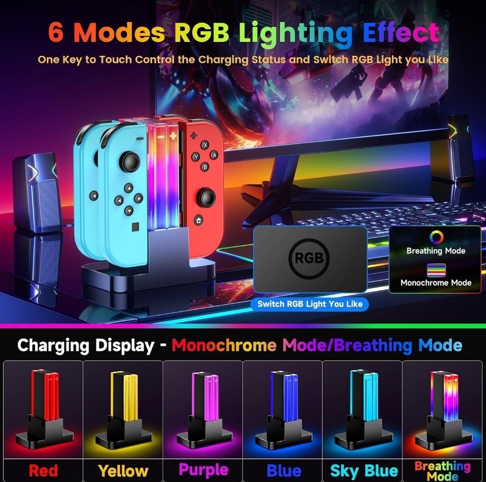 Switch Controller Charger Dock, for Joycons & OLED Model with 6 RGB Light Mode
