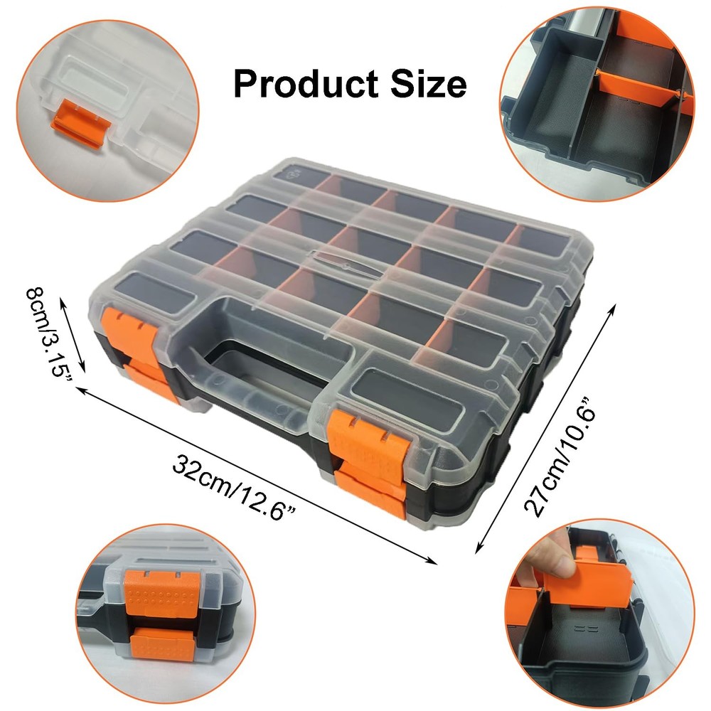 34-Compartment Double Side Tool Box Organizer with Removable Dividers Case