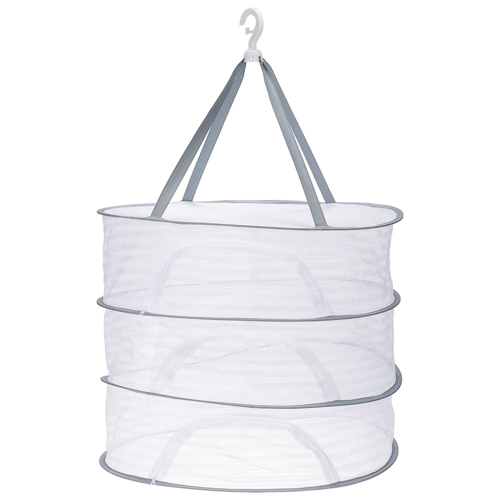 24" Herb Drying Rack Hanging 3 Layer Hanging Mesh Net with Zipper, Grey