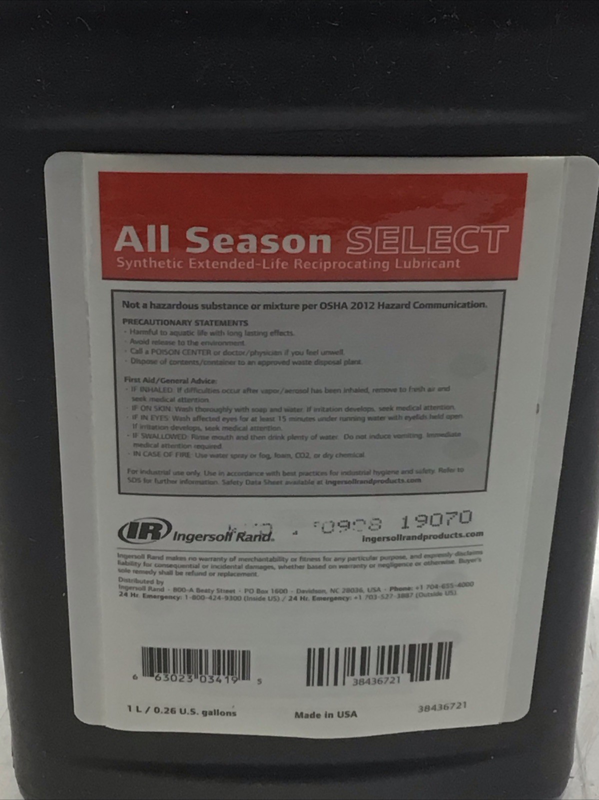 Ingersoll Rand All Season Select Oil Extended Life Synthetic Lubricant 38436721
