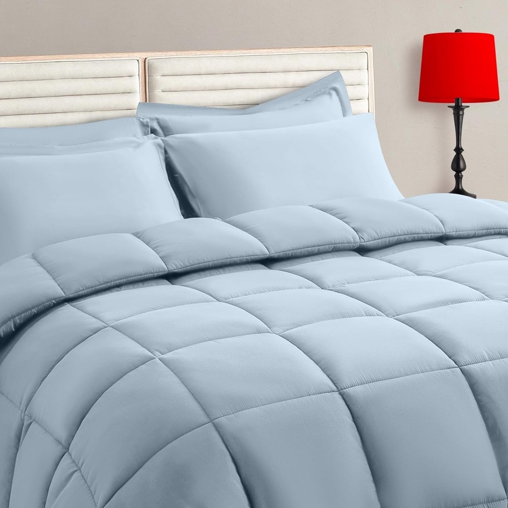 Soft Quilted Light Blue Queen Comforter Set - Reversible 7-Piece Bedding