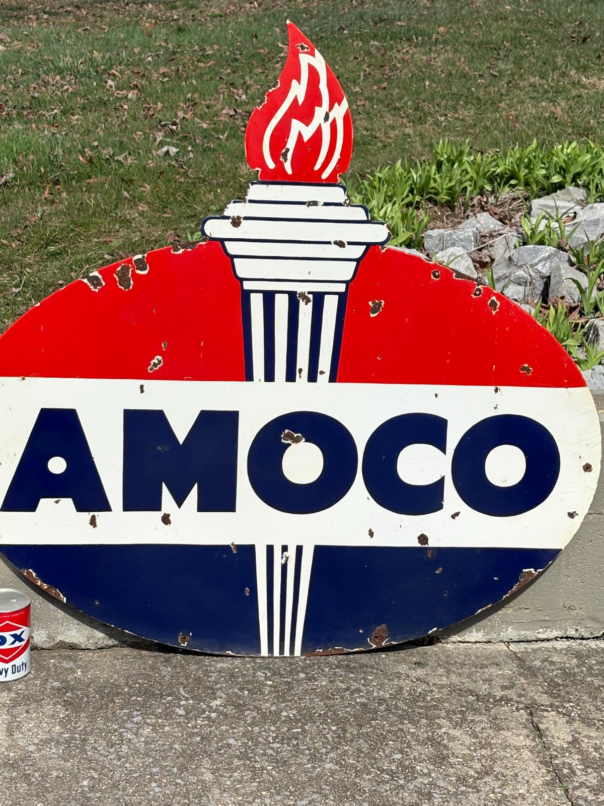 ORIGINAL 1950's "AMOCO GASOLINE" LARGE DOUBLE SIDED PORCELAIN DEALER SIGN, NICE