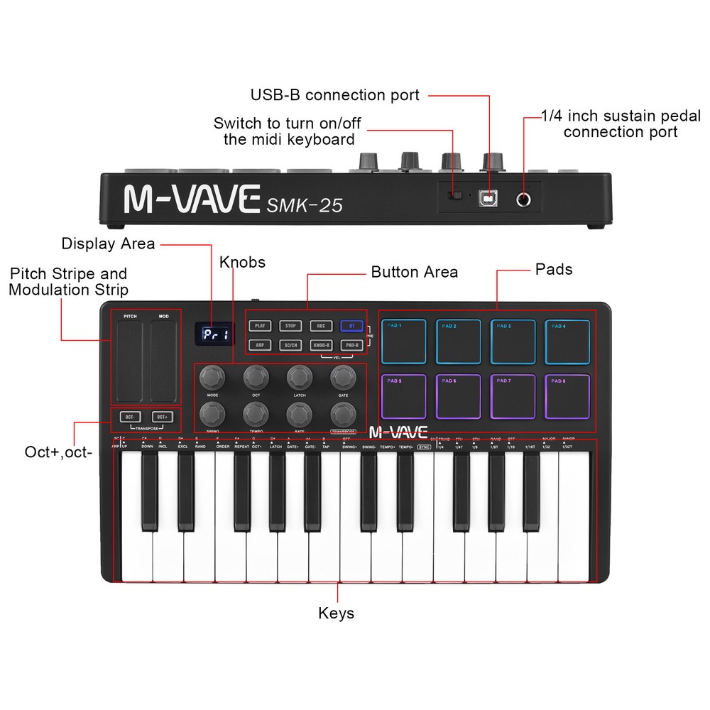 M-VAVE 25-Key USB MIDI Keyboard Controller with 8 Backlit Drum Pads 8 Knobs J0H1