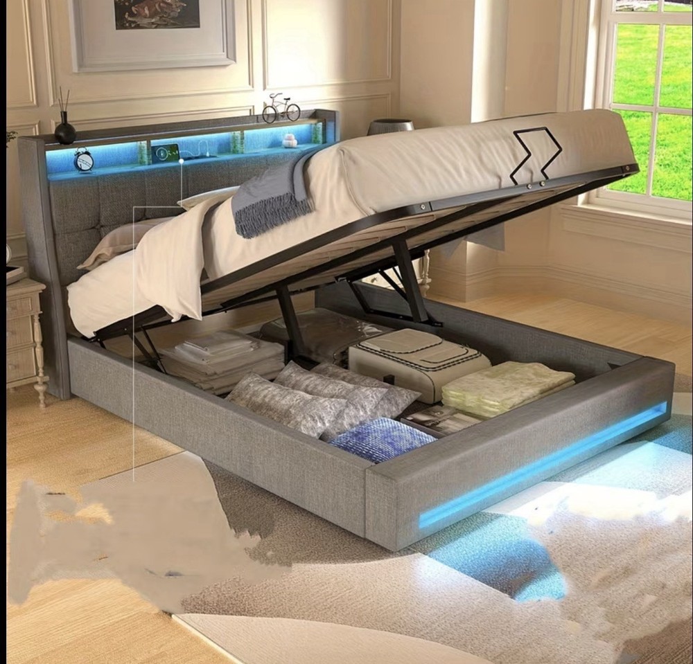 Modern double bed with LED, linen container and padded backrest