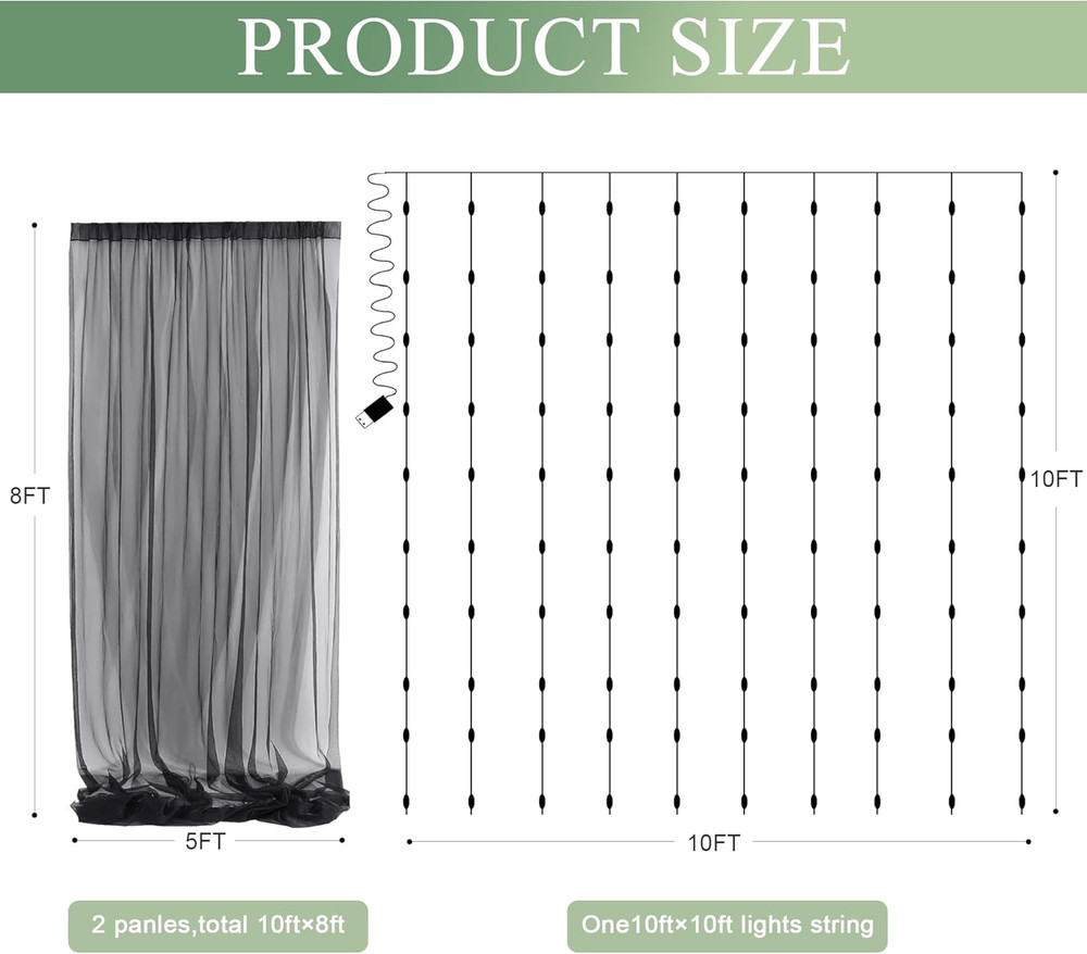 Tulle Backdrop Curtain with Lights String 10FT X 8FT Black Sheer Tulle Backdrop