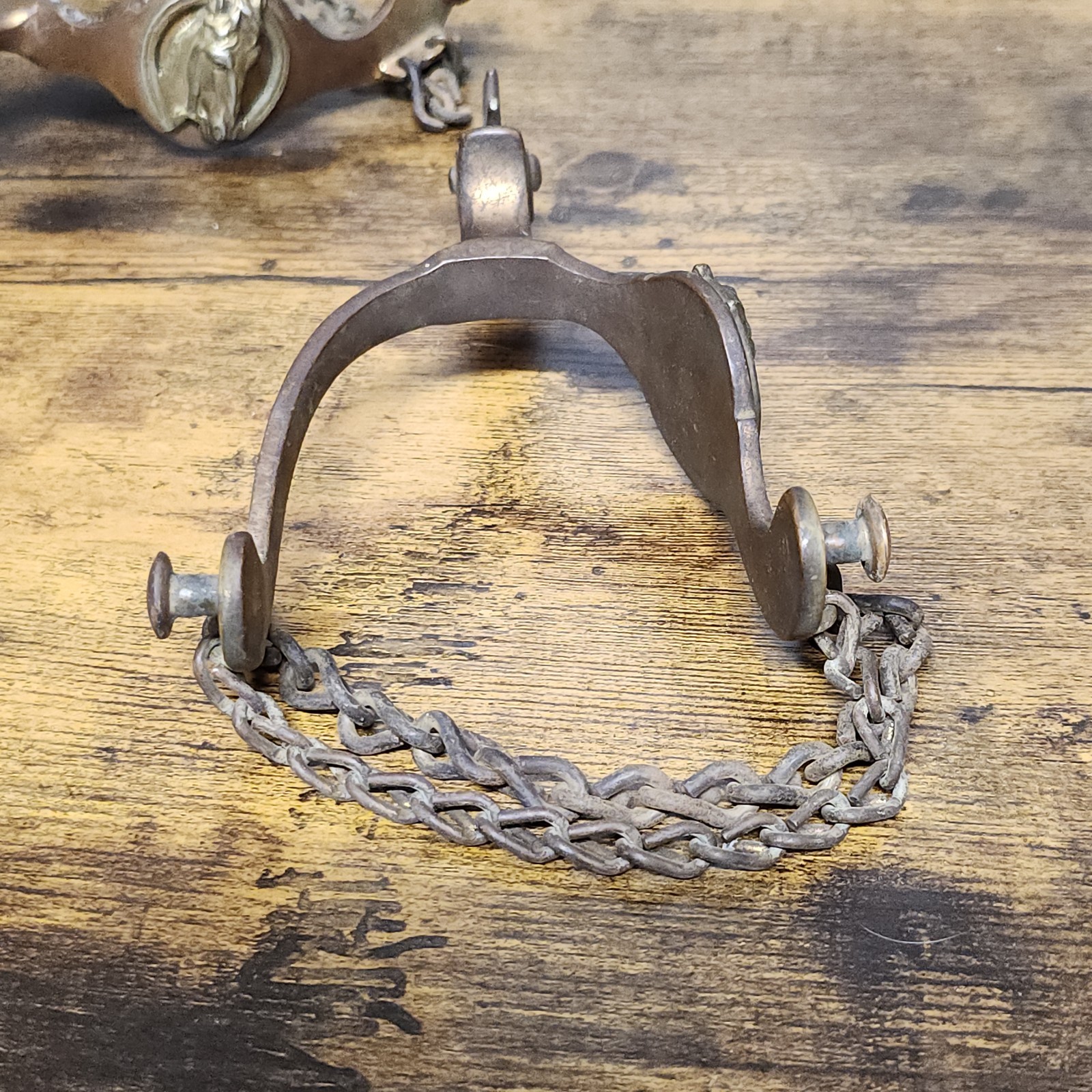 Antique Horse Head Western Spurs Star Mark August Buermann Era Bronze Toned