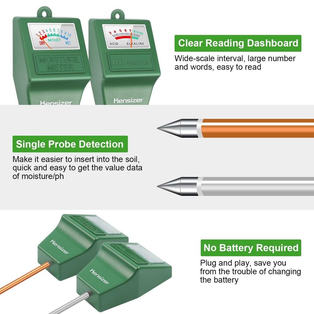 Kensizer Soil Tester, Moisture/pH Meter, Green