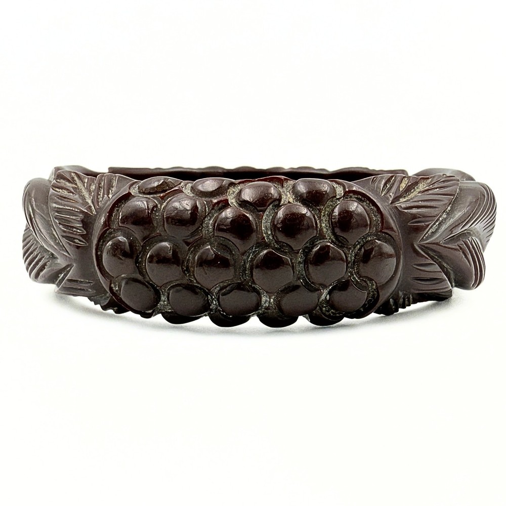 Antique Dark Chocolate Brown Pressed Bakelite Grapes Bangle Bracelet