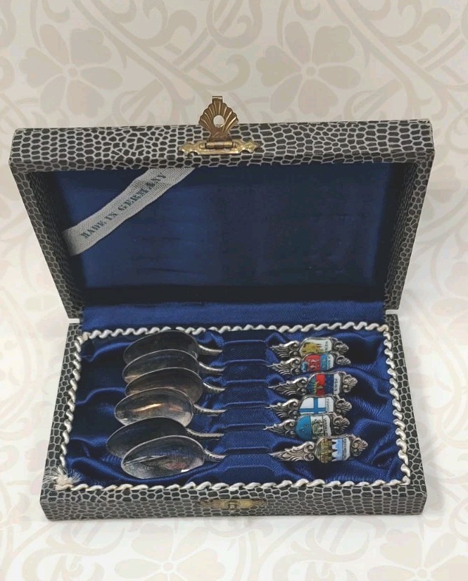 Vintage German Demitasse Spoons 1950s Enameled Germany City Crests Silver Plated