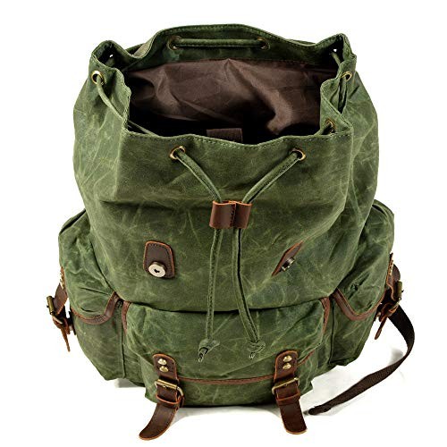 Leather Backpack for Men, Waxed Canvas Shoulder Rucksack Carry-On Grey-regular