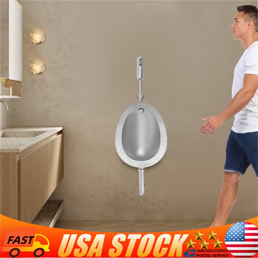 Oval Silver Stainless Steel Wall-Mounted Urinal with Automatic Sensing