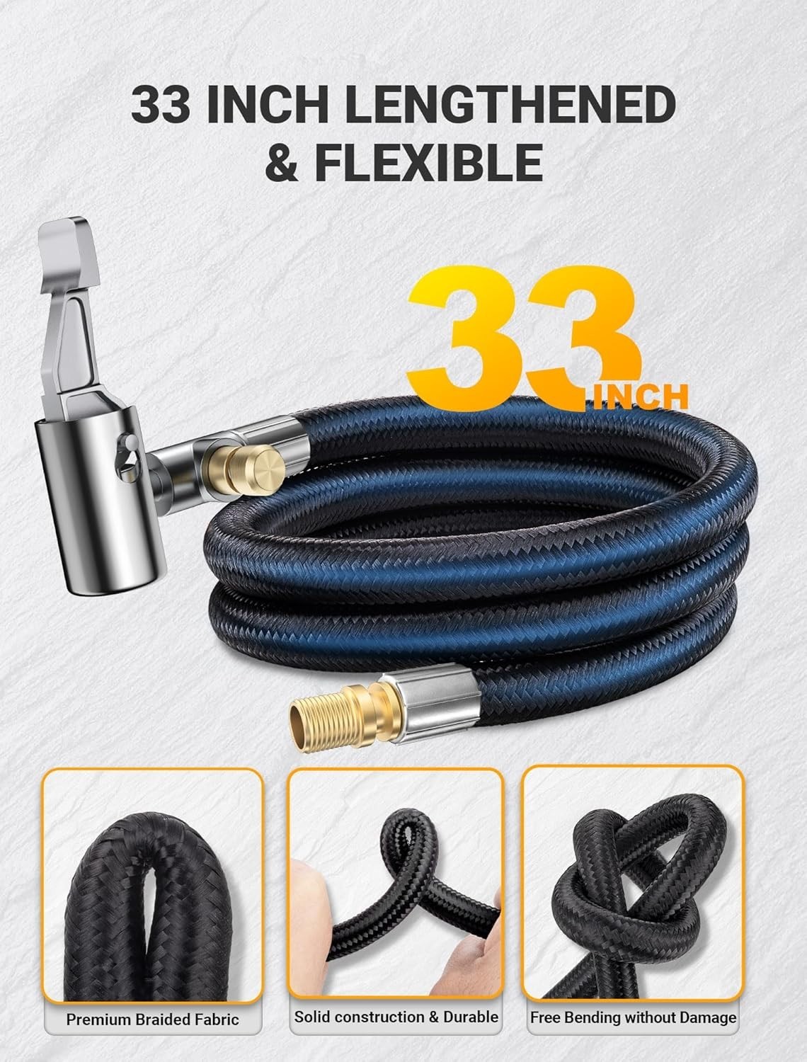 33" Lengthened Tire Inflator Hose Adapter Quick Connect&Release, Lock on Air Chu