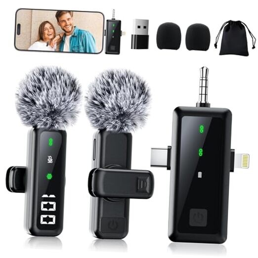 Wireless Lavalier Microphone for iPhone, USB-C+Lightning+USB-A+3.5mm Jack