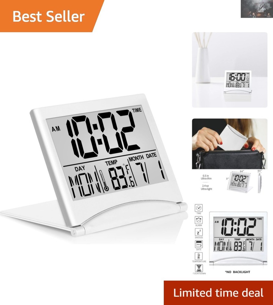User-Friendly Travel Alarm Clock – LCD, Foldable with Snooze Mode, Lightweight